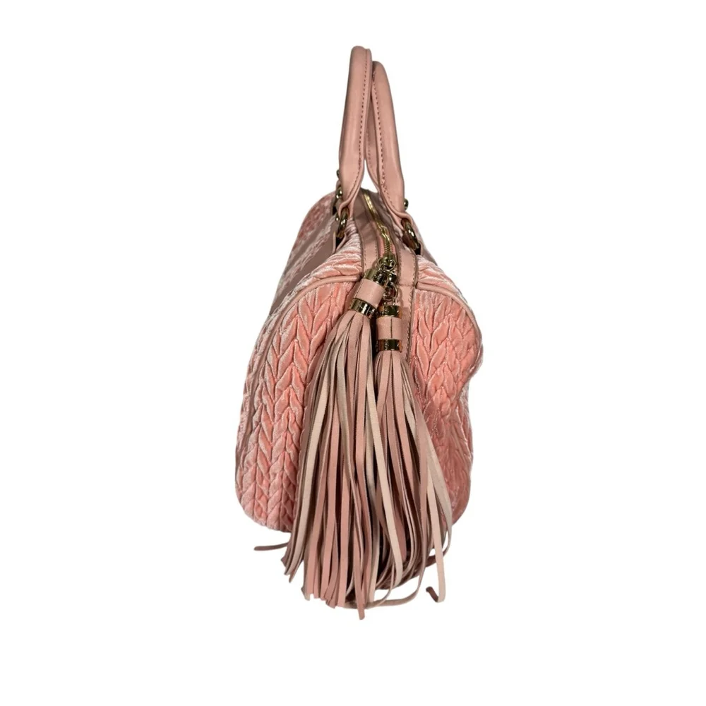 Pink Quilted Velvet Chevron Boston Satchel Handbag Crossbody Strap